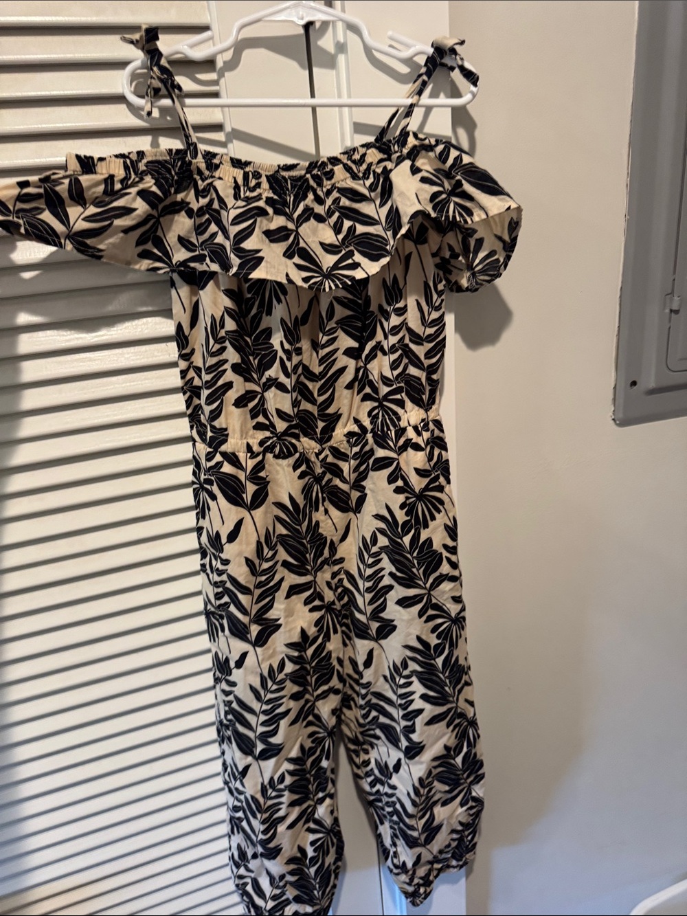 Janie and Jack One-Shoulder Cream romper with Black Leaf Print